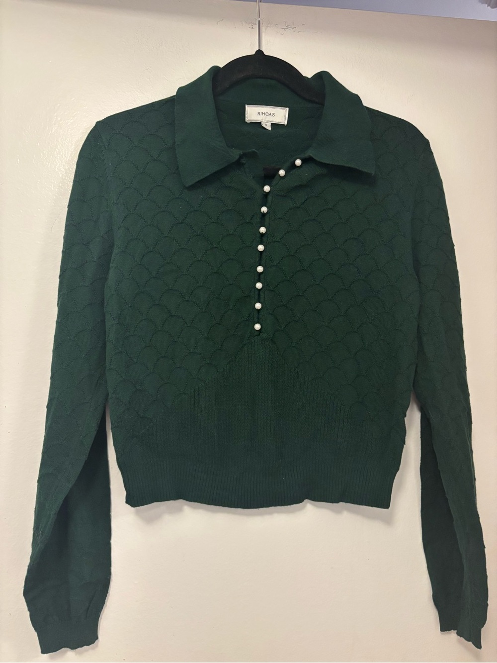 RIHOAS Emerald Green Pearl-Button Knit Polo Sweater